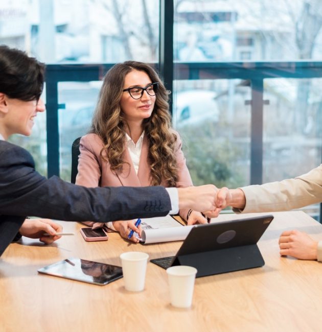 Business meeting in an office, female team leader and two young men discussing business affairs using gadgets and notebook. Shaking hands